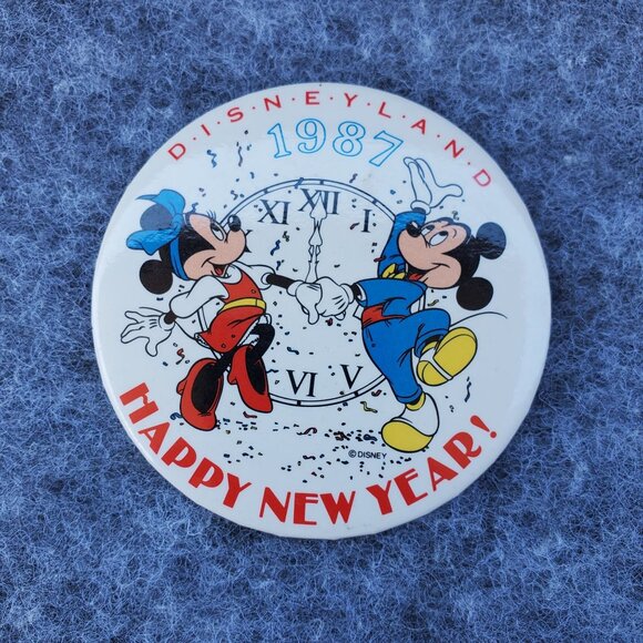 Vintage Disneyland Souvenir Buttons "Happy New Year" 1987 and 1989 Set Of Two - Picture 4 of 5